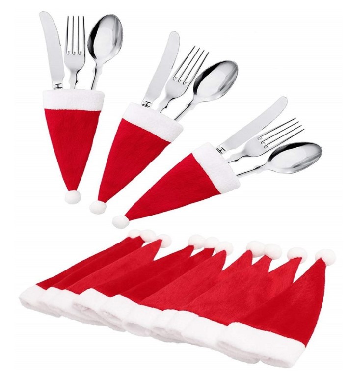 Lot de 10 mini bonnets de Père Noël - porte couverts