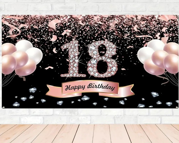 Bannière de décoration d'anniversaire 18 ans rose gold - 180cm x 110cm